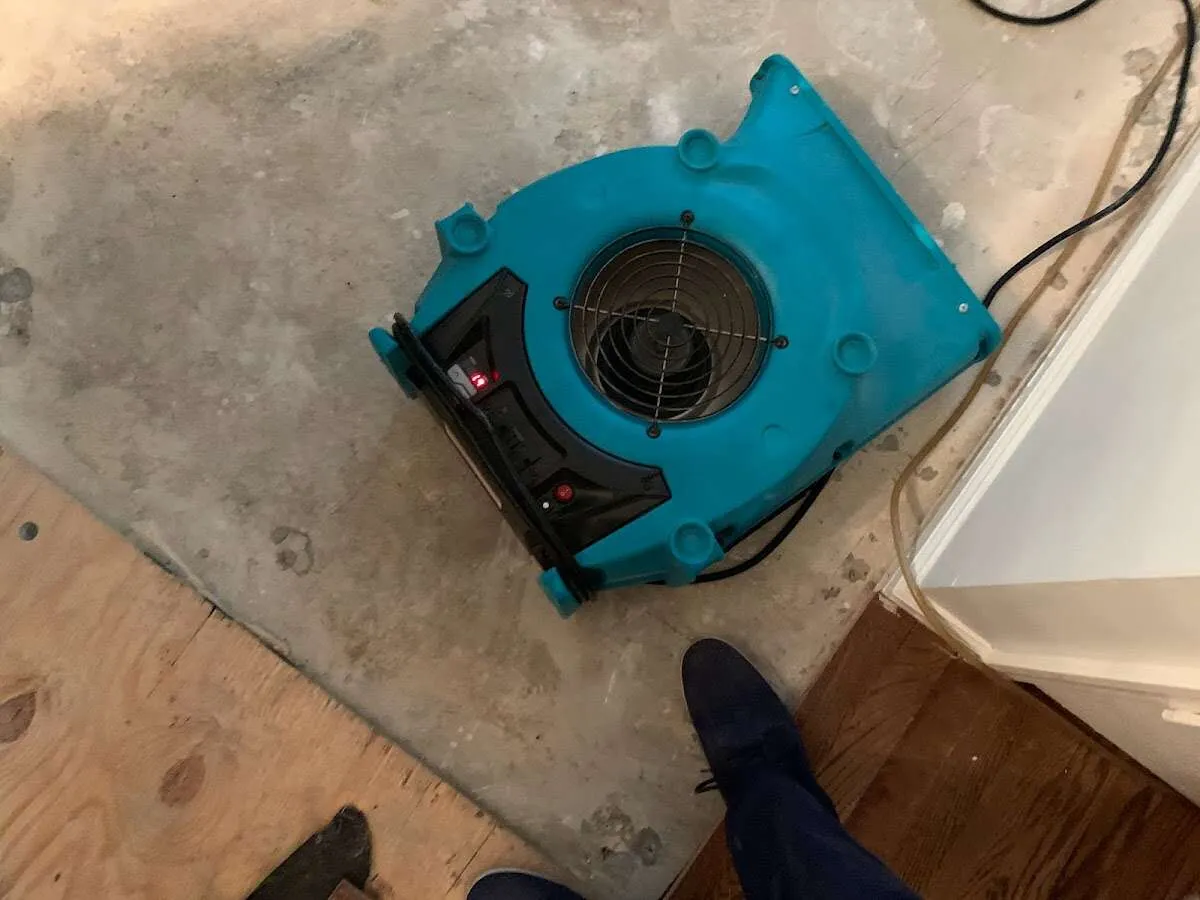 Air mover drying subfloor during Leak Detection & Repair in Chanute